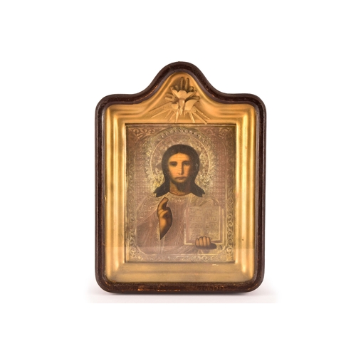 35 - A 19th century Russian cased icon of Christ Pantocrator, with a gilt metal riza and engraved oklad, ... 