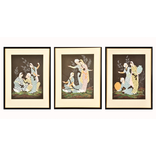 236 - A set of three Asian miniature watercolour paintings depicting three figures playing instruments and... 