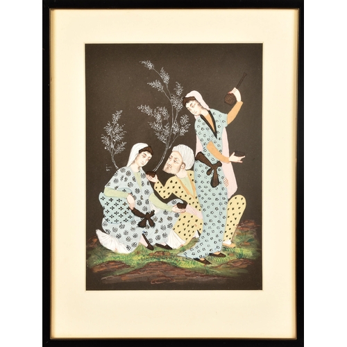 236 - A set of three Asian miniature watercolour paintings depicting three figures playing instruments and... 