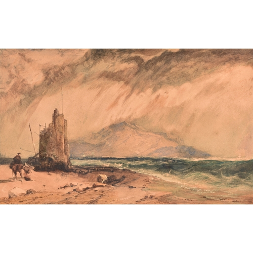 32 - Attributed to David Cox R.A. (British, 1781-1859).A stormy coastal scene with figure on horseback, w... 