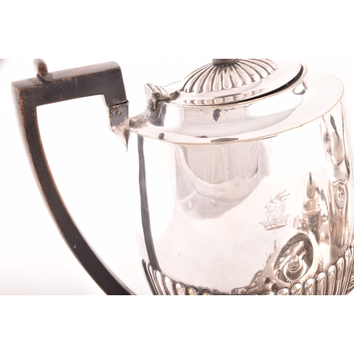 163 - A 19th century silver plated tea set on tray, including a teapot, coffee pot, spirit burner, all wit... 