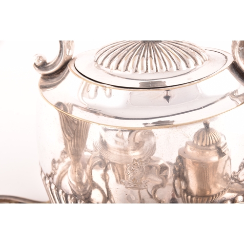 163 - A 19th century silver plated tea set on tray, including a teapot, coffee pot, spirit burner, all wit... 