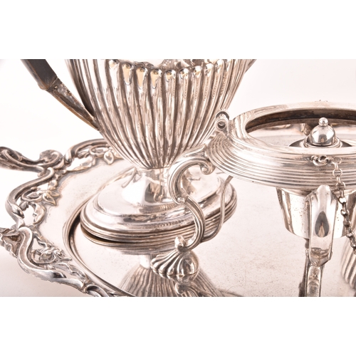 163 - A 19th century silver plated tea set on tray, including a teapot, coffee pot, spirit burner, all wit... 