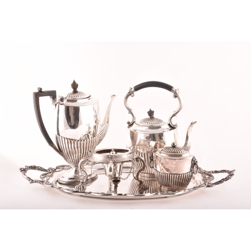 163 - A 19th century silver plated tea set on tray, including a teapot, coffee pot, spirit burner, all wit... 