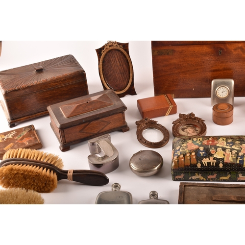 289 - A collection of antique wooden boxes and dressing table items, including a 19th century mahogany dec... 