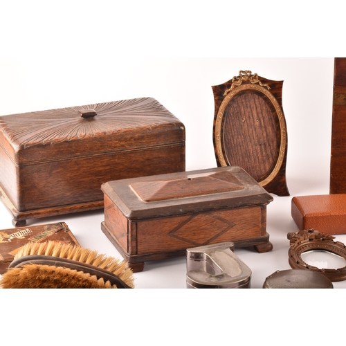 289 - A collection of antique wooden boxes and dressing table items, including a 19th century mahogany dec... 