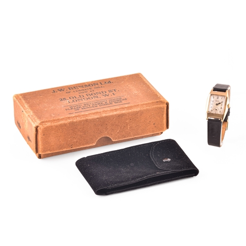 135 - A 1933 9ct yellow gold Benson Watch, 25mm case, on black leather strap, accompanied by original pres... 