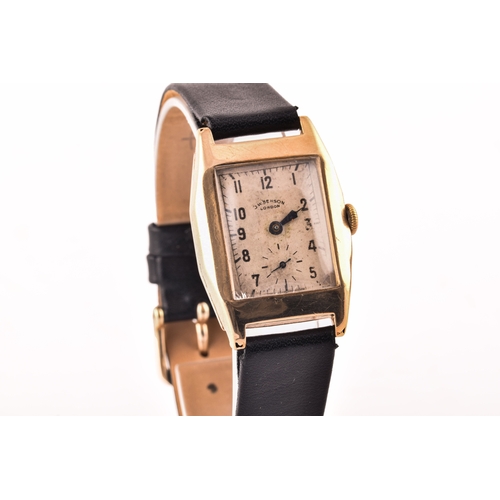 135 - A 1933 9ct yellow gold Benson Watch, 25mm case, on black leather strap, accompanied by original pres... 