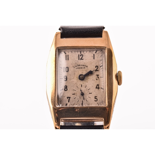 135 - A 1933 9ct yellow gold Benson Watch, 25mm case, on black leather strap, accompanied by original pres... 