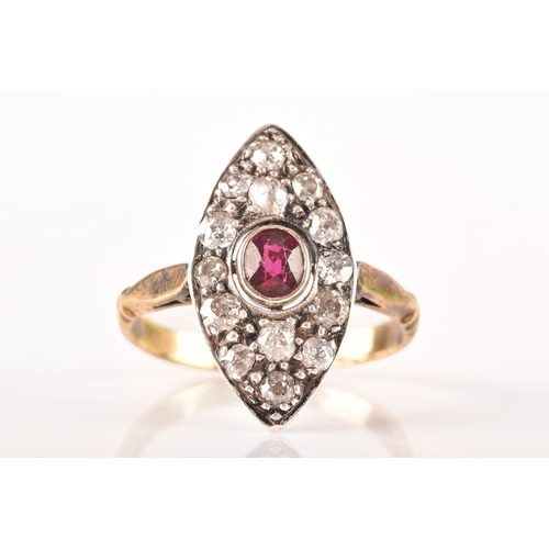 101 - A 18ct yellow gold and silver marquise cluster ring, set to centre with a oval old cut ruby with an ... 