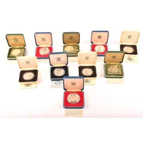 142 - A collection of ten silver proof crowns and jubilee coins, all in fitted cases with paperwork, toget... 