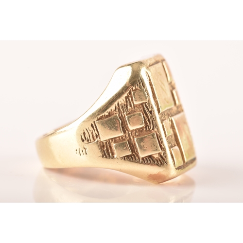 104 - A 9ct yellow gold signet ring, engraved with initials, textured detail, size M.