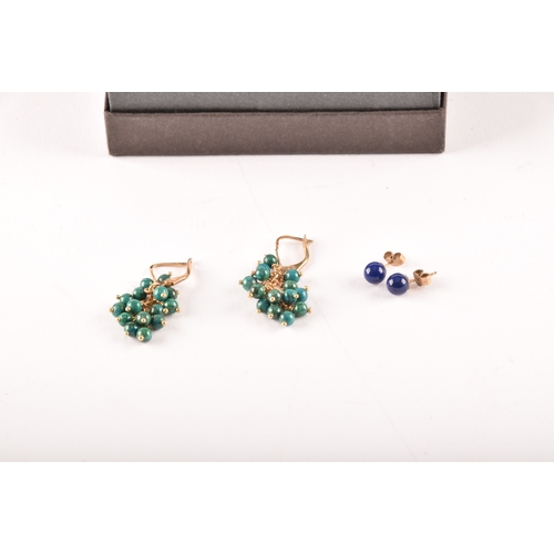 116 - A pair of 9ct yellow gold blue stone studs, a pair of 14ct yellow gold turquoise drop earrings, alon... 