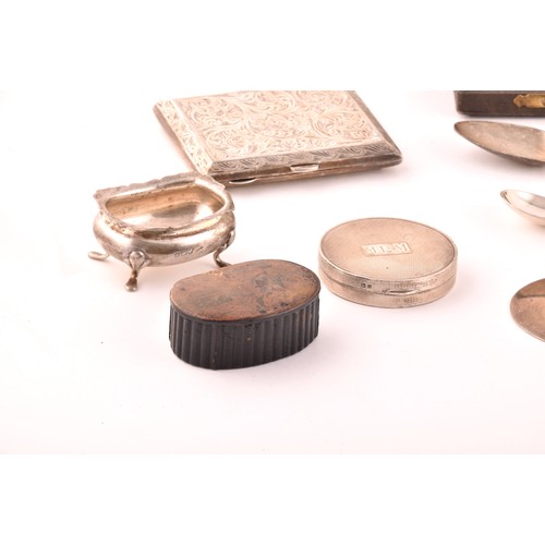 169 - A collection of silver items of various dates and maker's, including a small salt dish, a cigarette ... 