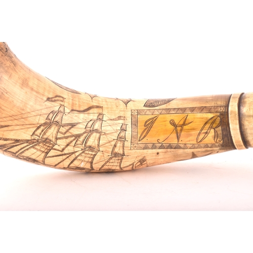 332 - A mid-19th century Scottish scrimshaw-decorated powder horn, featuring an incised profile of a man-o... 