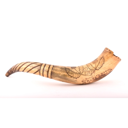 332 - A mid-19th century Scottish scrimshaw-decorated powder horn, featuring an incised profile of a man-o... 