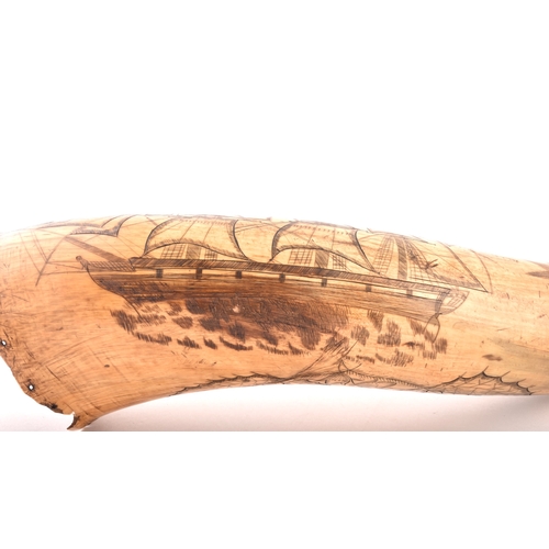 332 - A mid-19th century Scottish scrimshaw-decorated powder horn, featuring an incised profile of a man-o... 