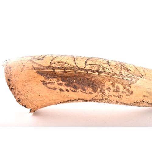 332 - A mid-19th century Scottish scrimshaw-decorated powder horn, featuring an incised profile of a man-o... 