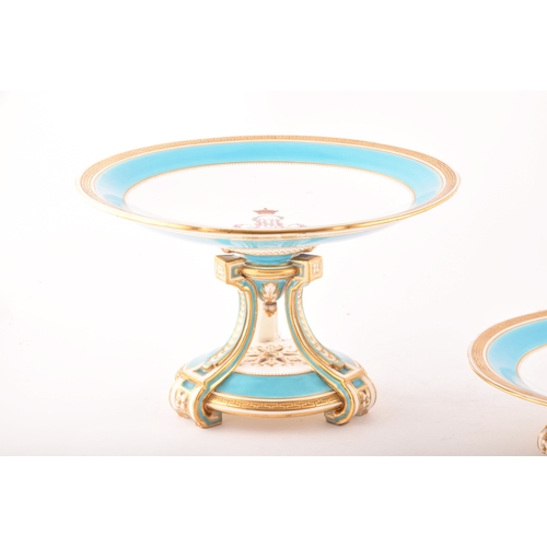 267 - A Minton Footed Cake Plate and tazza, with Earl's Coronet and initials S. M, under a turquoise ad ac... 