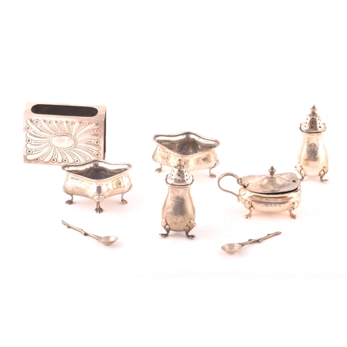 187 - A collection of antique silver condiment sets of various maker's and dates, along with a Victorian m... 