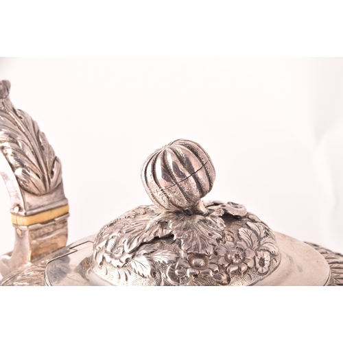 196 - A William IV three-piece Irish silver tea set, including a teapot, 16.5cm height x 29.5cm width, a s... 