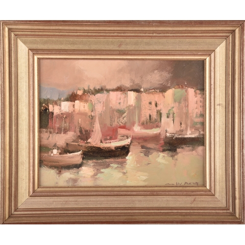 49 - Carlos Puente Ortega (Spanish, born 1965).Untitled, an oil painting depicting a marina, 25 cm height... 