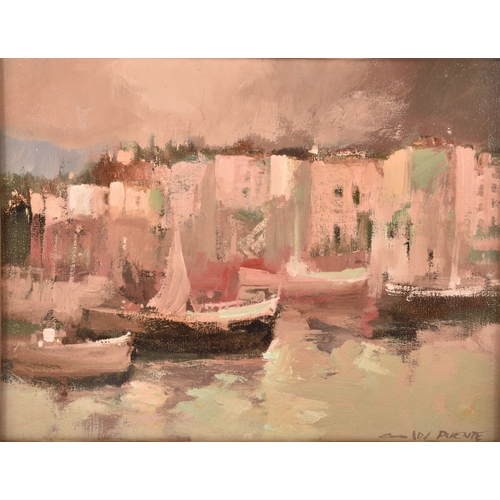 49 - Carlos Puente Ortega (Spanish, born 1965).Untitled, an oil painting depicting a marina, 25 cm height... 