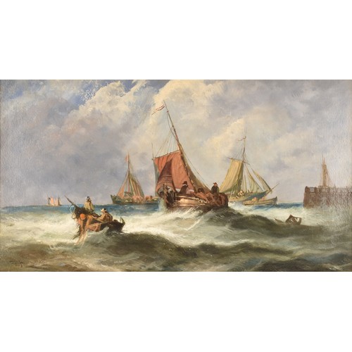 3 - Thomas Bush Hardy (British, 1842-1897).A lively seascape with sailors and fishing boats on choppy wa... 