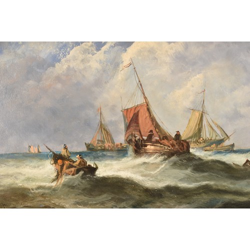 3 - Thomas Bush Hardy (British, 1842-1897).A lively seascape with sailors and fishing boats on choppy wa... 