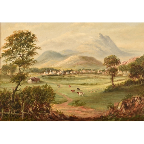 23 - G. Cook (19th century)A rural scene with cattle, a village in the background in a mountainous landsc... 