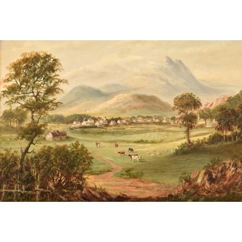 23 - G. Cook (19th century)A rural scene with cattle, a village in the background in a mountainous landsc... 