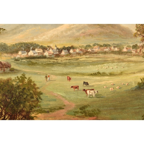 23 - G. Cook (19th century)A rural scene with cattle, a village in the background in a mountainous landsc... 