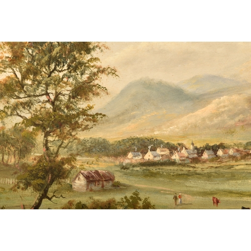 23 - G. Cook (19th century)A rural scene with cattle, a village in the background in a mountainous landsc... 