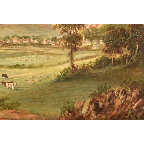 23 - G. Cook (19th century)A rural scene with cattle, a village in the background in a mountainous landsc... 