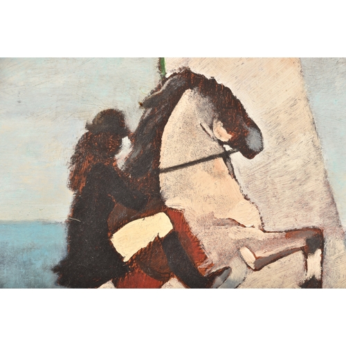 56 - Emmanuel Lamotte (French, 1916-1998). A figure on a rearing horse in a beach scene, signed to lower ... 