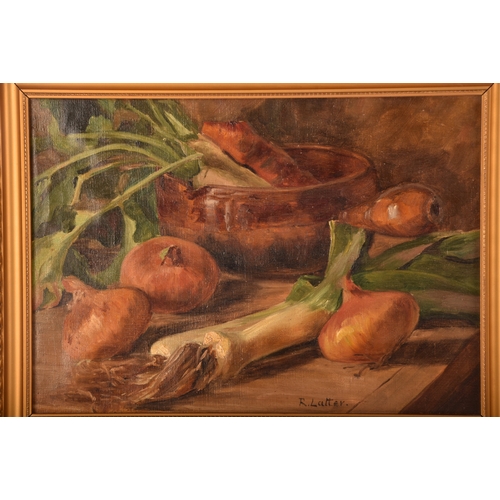 57 - Ruth Latter (British, 1869-1949)A pair of still lives of fruit and vegetables, oil on canvas, signed... 