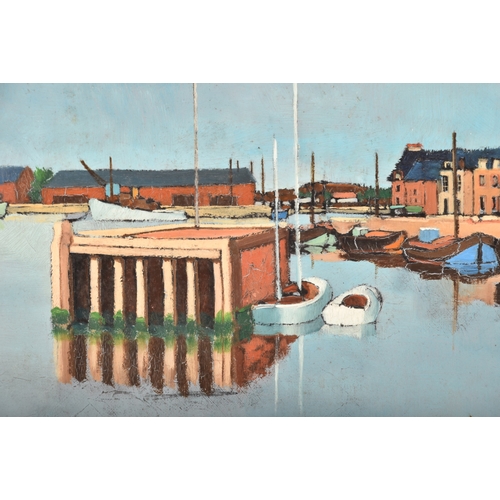 58 - Emmanuel Lamotte (French, 1916-1998). A harbour scene, signed to lower left, oil on canvas, 32 x 44 ... 