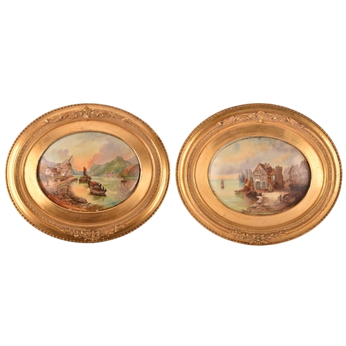 25 - A pair of Victorian oval convex paintings, oil on tin with mother of pearl inlay, both depicting coa... 