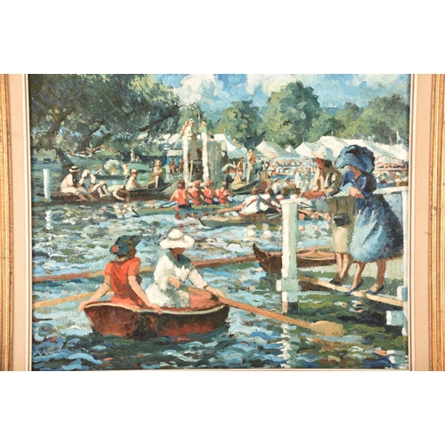 47 - Sherree Valentine-Daines (British, born 1956).'Henley Royal Regatta', oil painting depicting a vibra... 