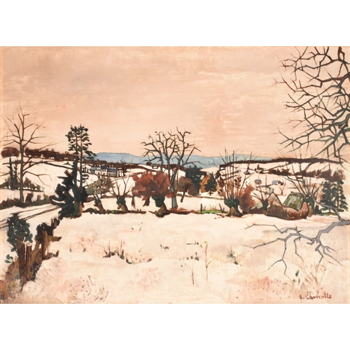 61 - Emmanuel Lamotte (French, 1916-1998). A rural winter landscape, fields submerged in snow, bare trees... 