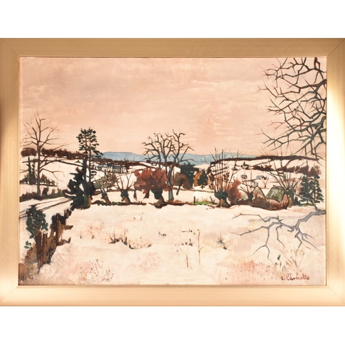 61 - Emmanuel Lamotte (French, 1916-1998). A rural winter landscape, fields submerged in snow, bare trees... 