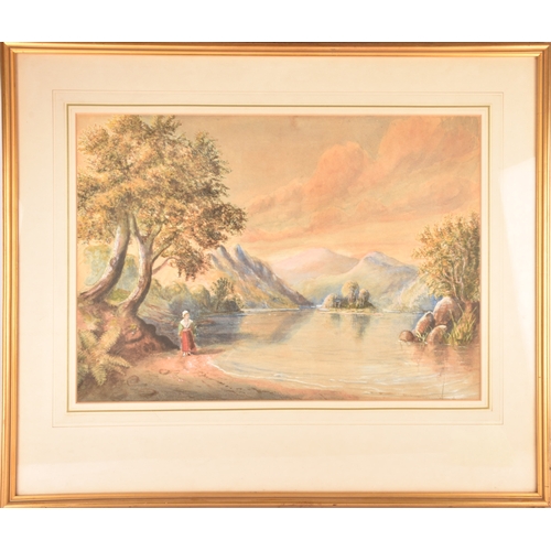 26 - Continental SchoolA large watercolour depicting a woman strolling through a scenic mountainous lands... 