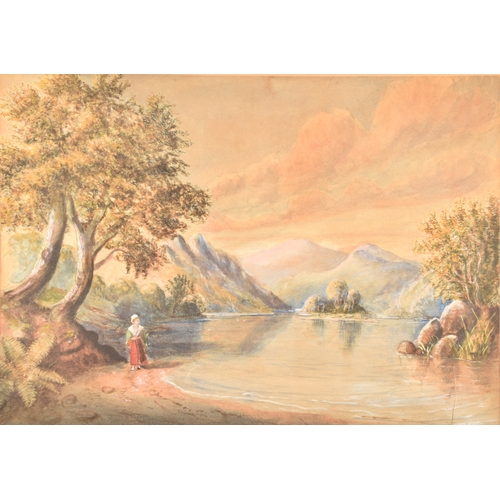 26 - Continental SchoolA large watercolour depicting a woman strolling through a scenic mountainous lands... 