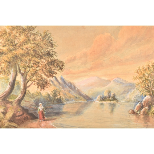 26 - Continental SchoolA large watercolour depicting a woman strolling through a scenic mountainous lands... 