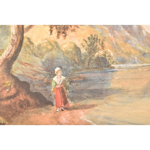 26 - Continental SchoolA large watercolour depicting a woman strolling through a scenic mountainous lands... 