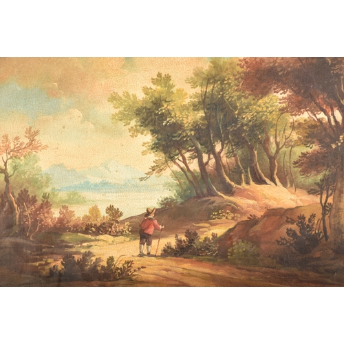 63 - Untitled, oil painting on canvas depicting a male figure exploring a woodland area by the coast, ind... 