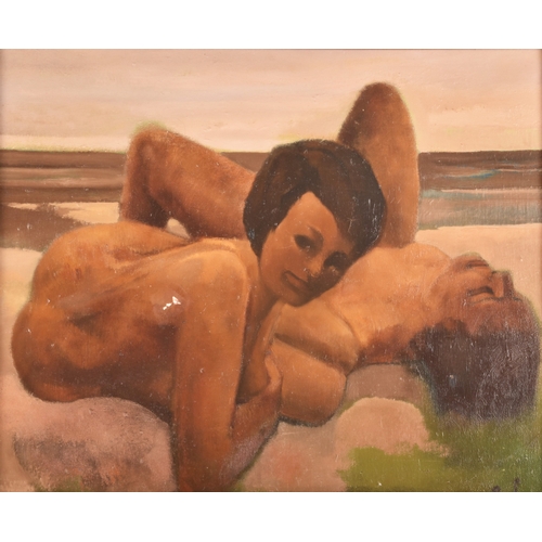 66 - Emmanuel Lamotte (French, 1916-1998). Two nude figures laying on a beach, one relaxing, the other ga... 