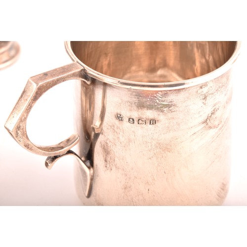 199 - A group of assorted silver items, including a brandy pan, a silver cup, condiment sets, toast rack, ... 