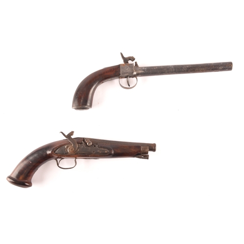 357 - Two percussion cap pistols, one with turned barrel, the other with tapering cannon barrel. (2)