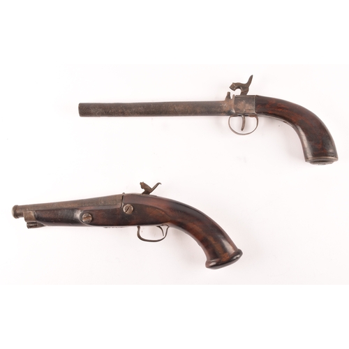 357 - Two percussion cap pistols, one with turned barrel, the other with tapering cannon barrel. (2)